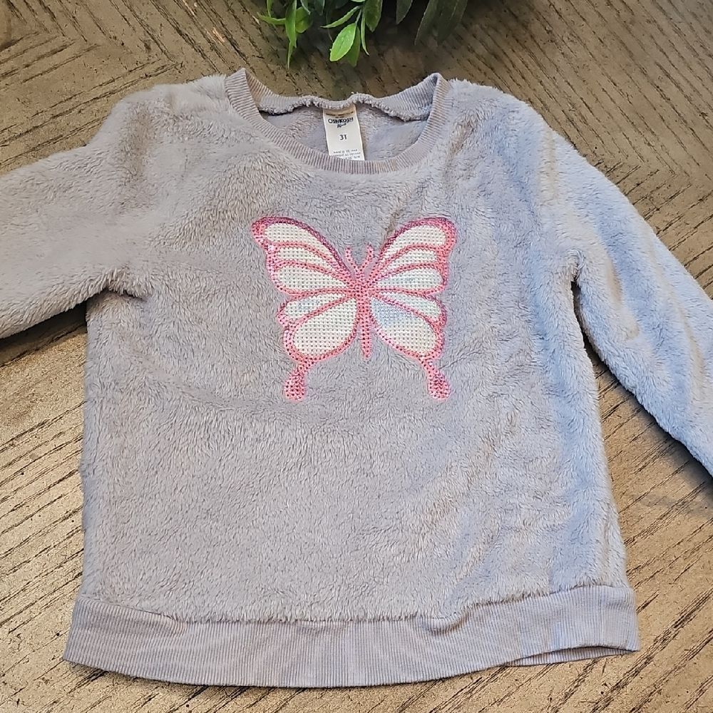 3T OshKosh B'gosh Gray Fuzzy Top with Pink Butterfly